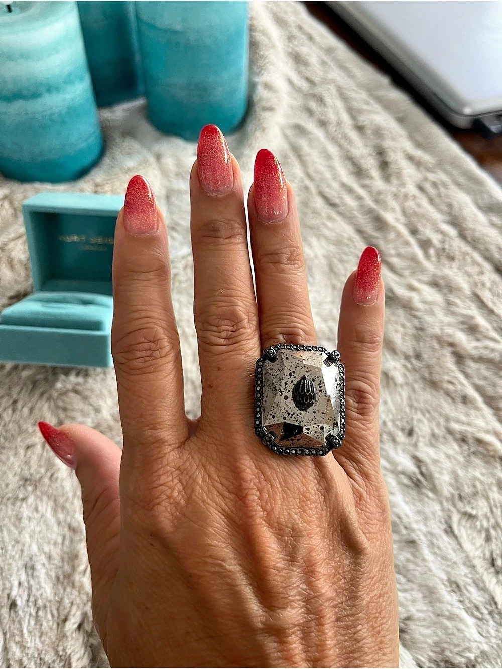 Kurt Geiger Smoky Crystal Gunmetal Statement Cocktail Ring Size 7 NIB $88 - Picture 2 of 4
